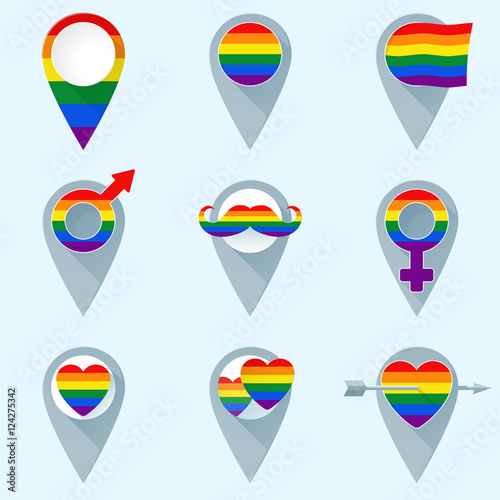 Set of colorful map markers with rainbow flag. Gay symbols.