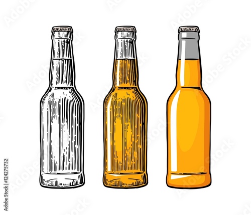 Beer bottle. Color engraving and flat vector illustration