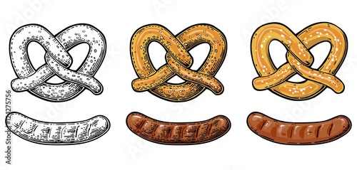 Pretzel and Sausage. Vintage vector flat and engraving illustration