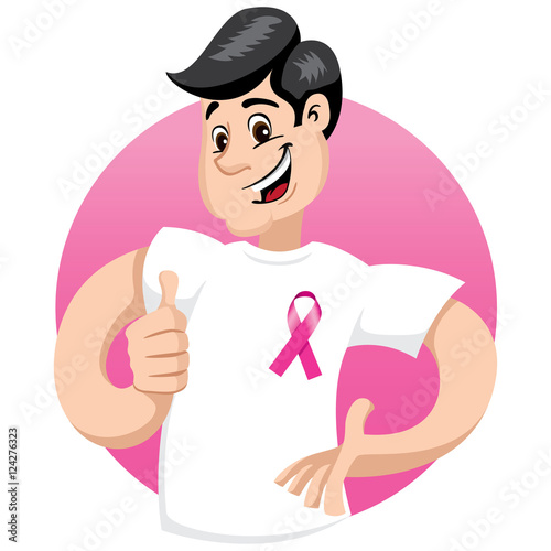male mascot supporting awareness campaign against breast cancer, wearing a white shirt with pink ribbon. Ideal for educational materials and information
