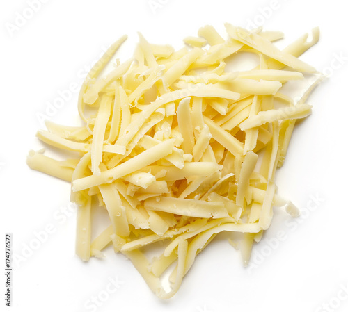 Grated cheese isolated on white, from above