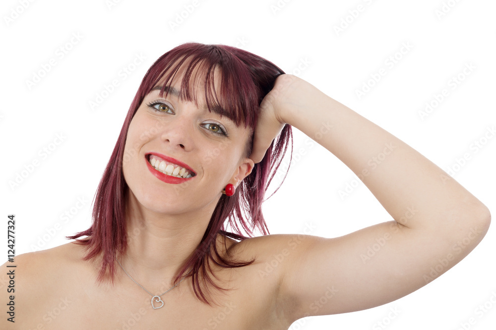 portrait of a beautiful young woman with green eyes on white portrait of a beautiful young woman with green eyes on white