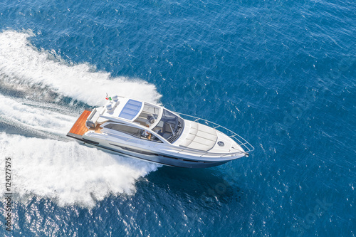 luxury motor boat, rio yachts italian shipyard, aerial view