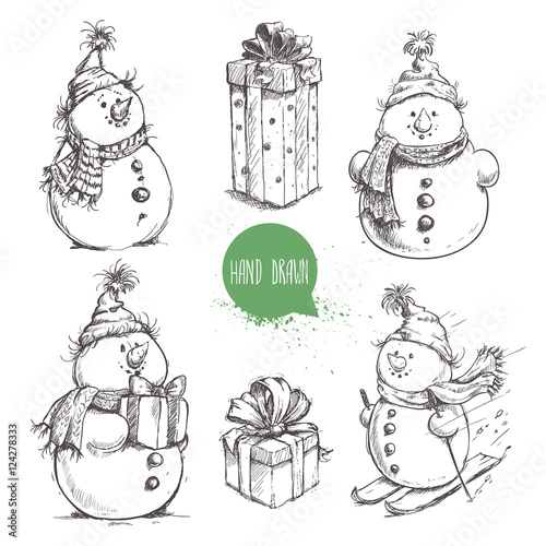 Sketch style snowman and Christmas gift boxes set. Hand drawn vector illustration.