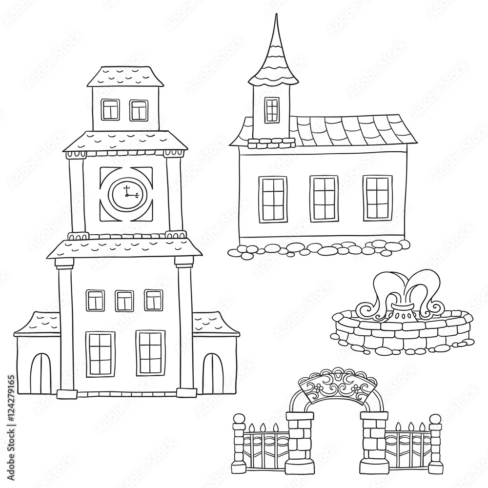 Set with different houses. Vector sketches houses and other arch
