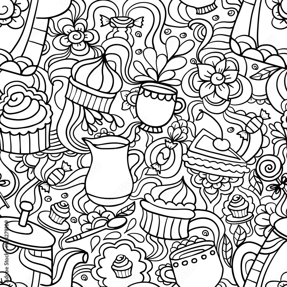Doodle seamless pattern about coffee or tea time - coffee, tea, Doodle seamless pattern about coffee or tea time - coffee, tea,