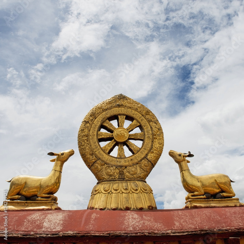 Golden statues of deers on the roof of the jokhang temple;Lhasa xizang china photo