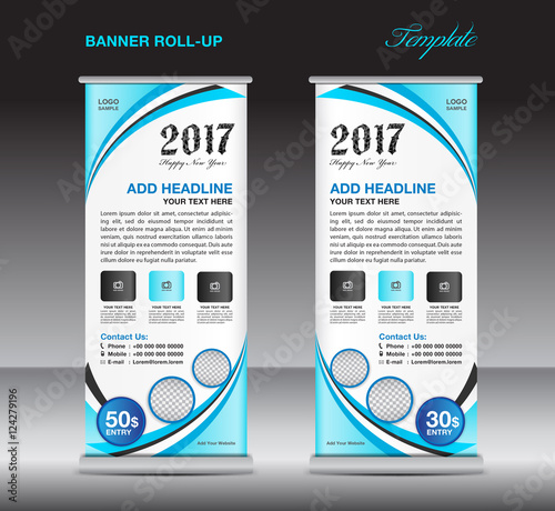 Blue roll up banner template, stand template, banner design, pul