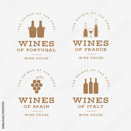 Set of wine labels. Elements for design on the wine theme. Collection of wine symbols: grape, bottle. Modern labels of wine. Emblems and logos of wine. Vector illustration.