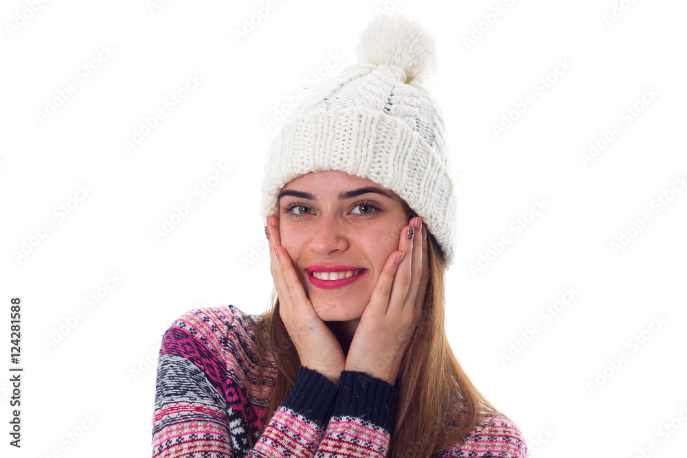 Woman in sweater and white hat Woman in sweater and white hat