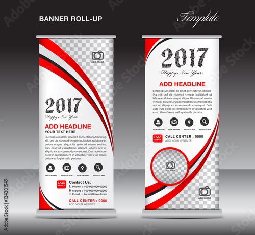 Red roll up banner template, banner design, stand template, disp photo