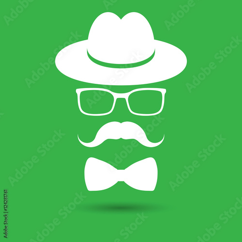 white hat with mustache, bow tie and glasses isolated on the gre