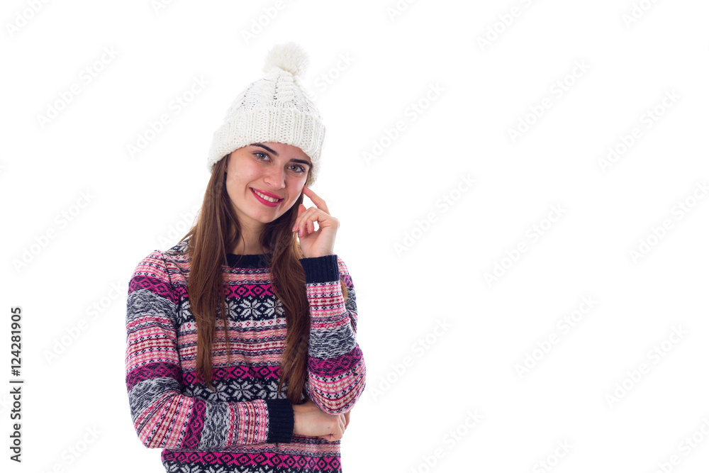 Woman in sweater and white hat Woman in sweater and white hat