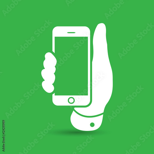 Mobile phone in hand icon on a green background - vector illustr