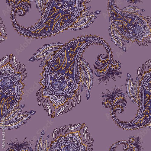 Hand drawn indian paisley seamless pattern. Voilet detailed oriental background. Colored ethnic illustration, textile print