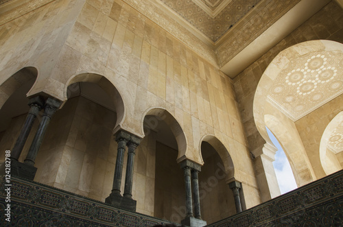 Ornate facade on walls with arches and pillars in hassan ii mosque;Casablanca morocco