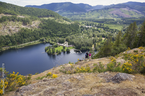 A senior couple overlook cowichan lake on vancouver island;British columbia canada photo