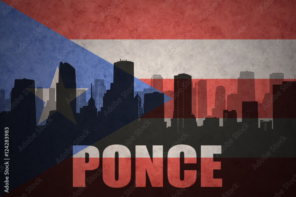 abstract silhouette of the city with text Ponce at the vintage puerto rican flag