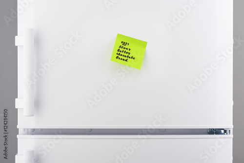 Eggs, flour, butter, chocolate, bread on note on refrigerator