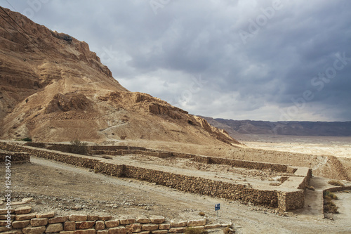 Stone walls in a roman camp;Masada southern district israel photo