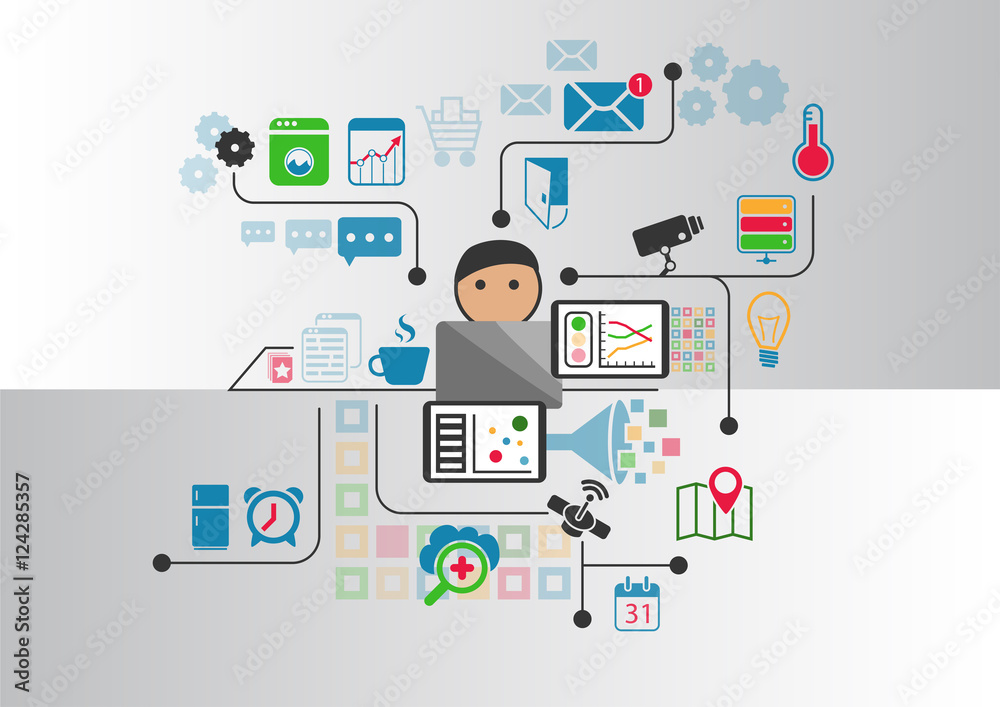 Smart home automation vector background with person controlling appliances from notebook Smart home automation vector background with person controlling appliances from notebook
