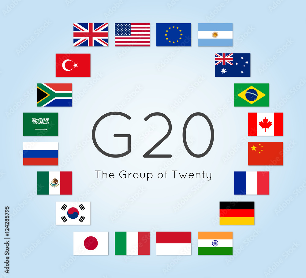 Vector illustration of G20 countries flags. The Group of Twenty, the