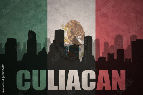 abstract silhouette of the city with text Culiacan at the vintage mexican flag photo