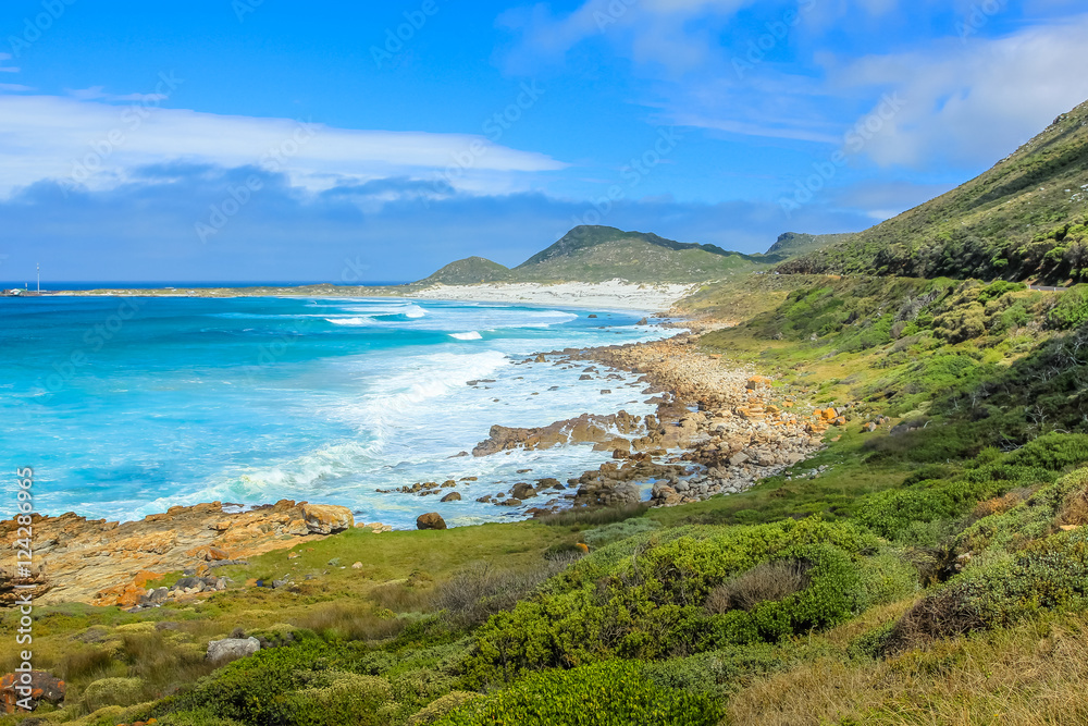Scenic landscape of the Atlantic coast of Scarborough Beach near village of Misty Cliffs, Cape Peninsula in South Africa.