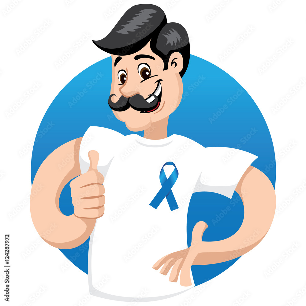 male mascot supporting blue November, against prostate cancer, wearing a white shirt with blue tape and mustache. Ideal for educational materials and information