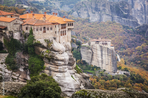 Monasteries perched on cliffs, Meteora, Greece photo