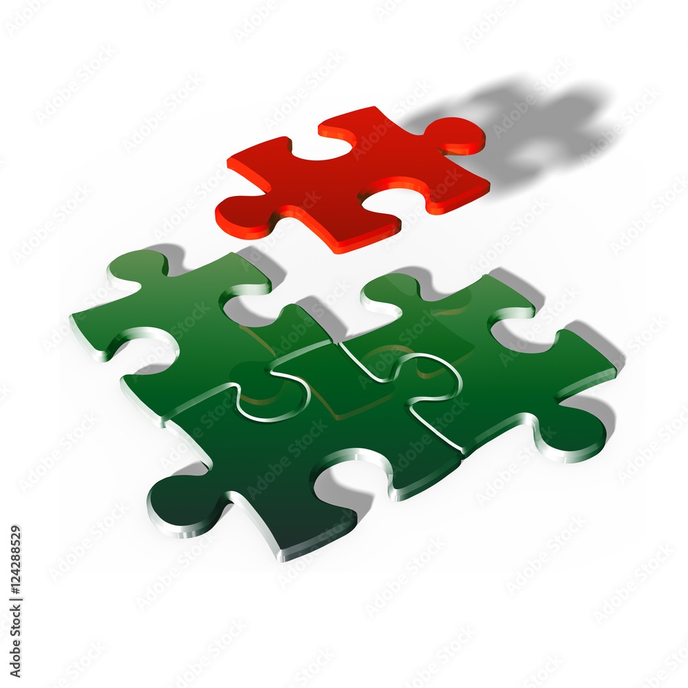 Connected green puzzle pieces and red one top up,3d rendered Connected green puzzle pieces and red one top up,3d rendered