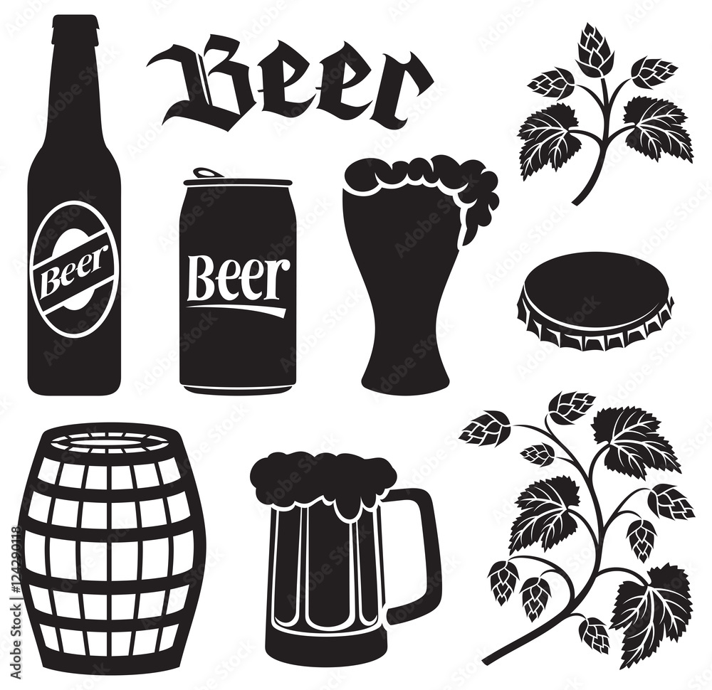 Φωτογραφία beer icons set (hops leaf, wooden barrel, glass, can, bottle cap, mug, bottle)