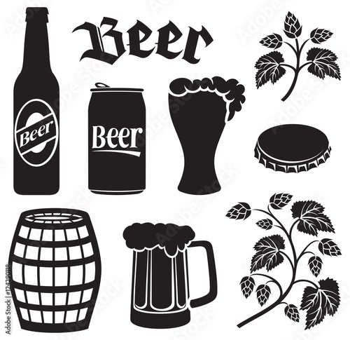 beer icons set (hops leaf, wooden barrel, glass, can, bottle cap, mug, bottle)
