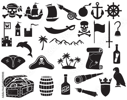 pirates icons set (sabre, skull with bandanna and bones, hook, triangle hat, old ship, spyglass, treasure chest, cannon, anchor, rudder, mountain, map, barrel, rum, island)