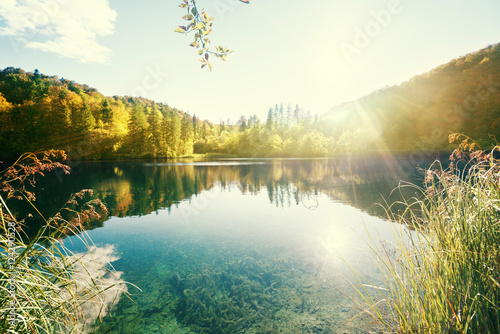Fototapeta jezioro w lesie, Chorwacja, Plitvice