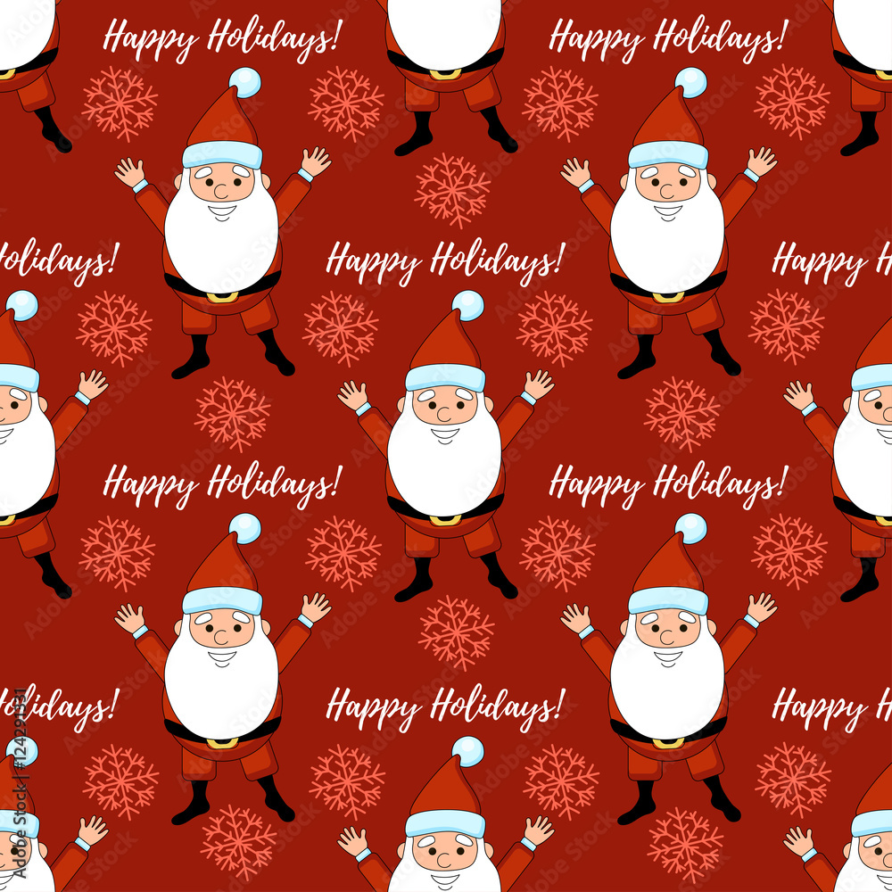 Happy Holidays pattern with Santa Claus. Christmas pattern on a red background. 