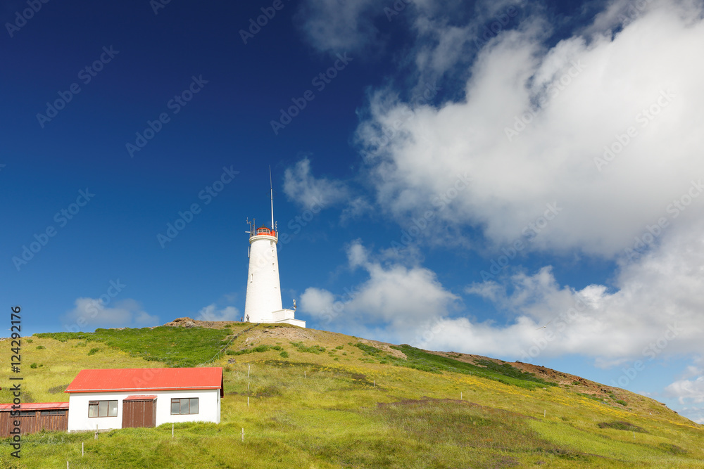 Reykjanes Lighthouse Near Reykjavik, Iceland. The lighthouse was built in 1907-1908 on Baejarfell hill in Reykjanes. Reykjanes Lighthouse Near Reykjavik, Iceland. The lighthouse was built in 1907-1908 on Baejarfell hill in Reykjanes.