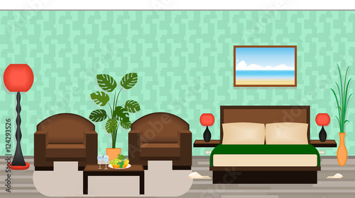 Elegant hotel room interior with furniture, lamps, houseplants,