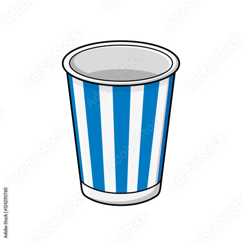 Empty paper blue striped soft drink disposable cup, vector icon isolated.