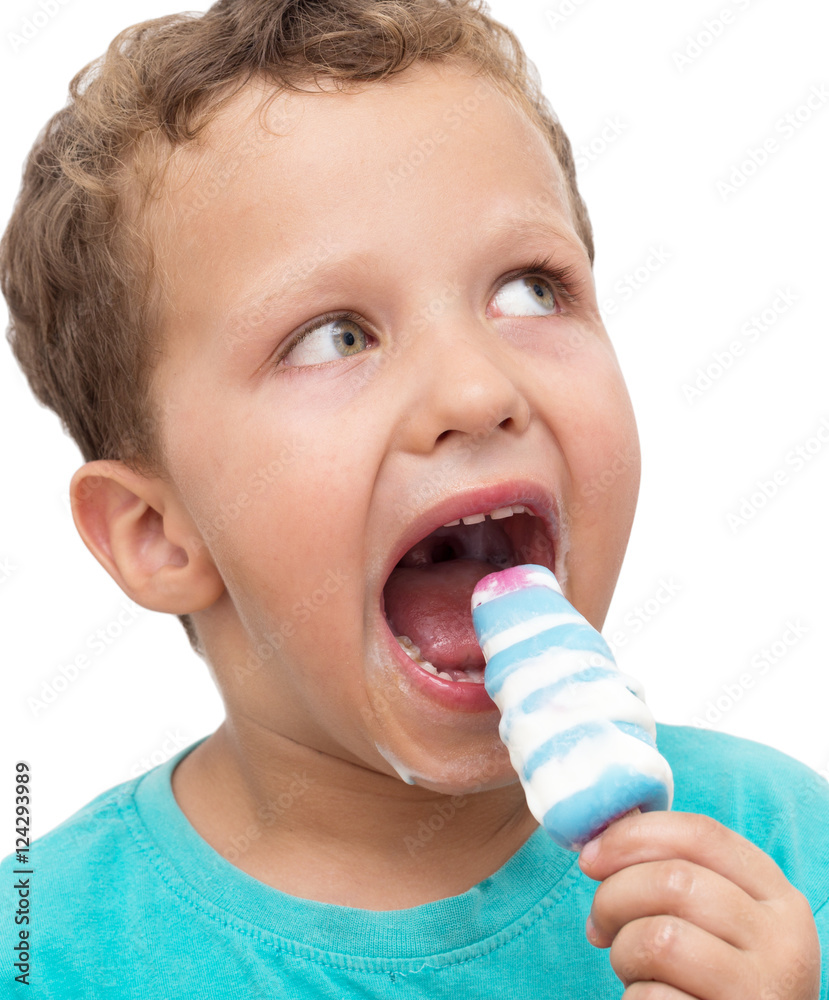 boy eating ice cream on a white background boy eating ice cream on a white background