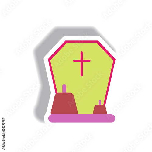 Vector illustration paper sticker Halloween icon grave monument and pumpkins