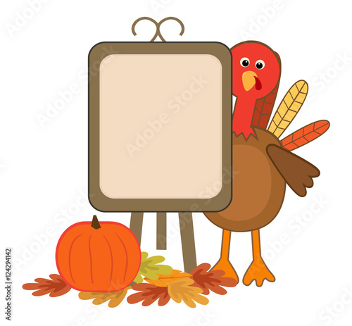 Turkey Blank Menu - Cute turkey stands next to a blank menu board. Eps10
