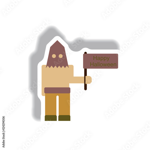 Vector illustration paper sticker Halloween icon Executioner with happy halloween flag