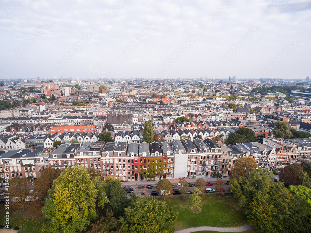 Aerial view of Amsterdam city roofs beside Sarphati park 