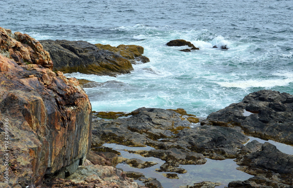 Waves crashing on rocks creating foam at the atlantic ocean coast in Maine-USA 