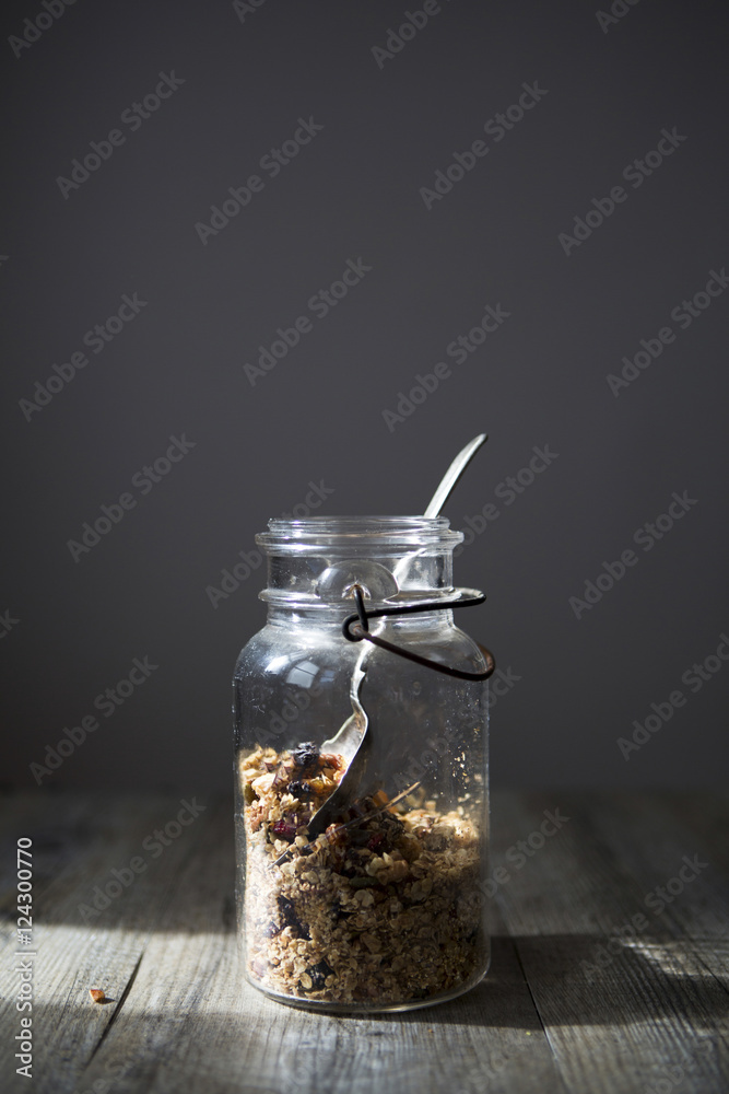 Jar of Homemade Granola with Nuts, Seeds Raisins & Cranberries w Jar of Homemade Granola with Nuts, Seeds Raisins & Cranberries w
