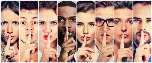 Group of people men women with finger on lips gesture
