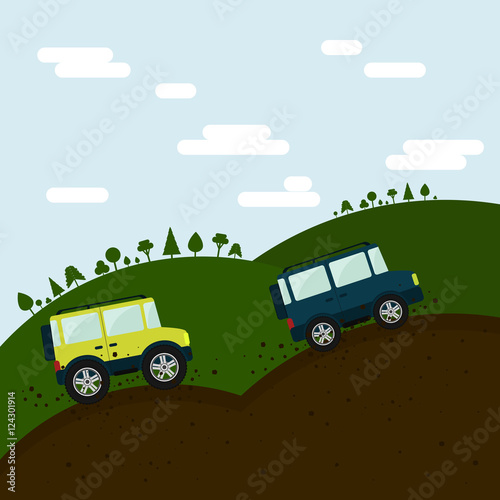 Two off road cars up the mountain. Adventure Sport. Stones and earth on the ground. Landscape on the background.