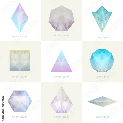Premium colorful collection. Set of trendy soft mesh facet crystal gem geometric logo icons and abstract shapes for business visual identity- triangle, polygons and rectangular designs. Vector diamond