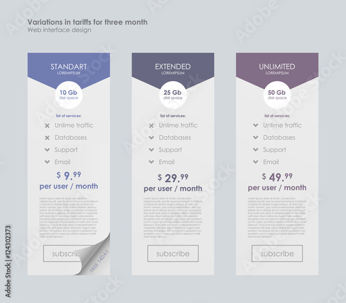 Pricing Table Template with Three Plan Type. Graphic Design on Gray Background. Three tariffs. interface for the site. ui ux vector banner for web app